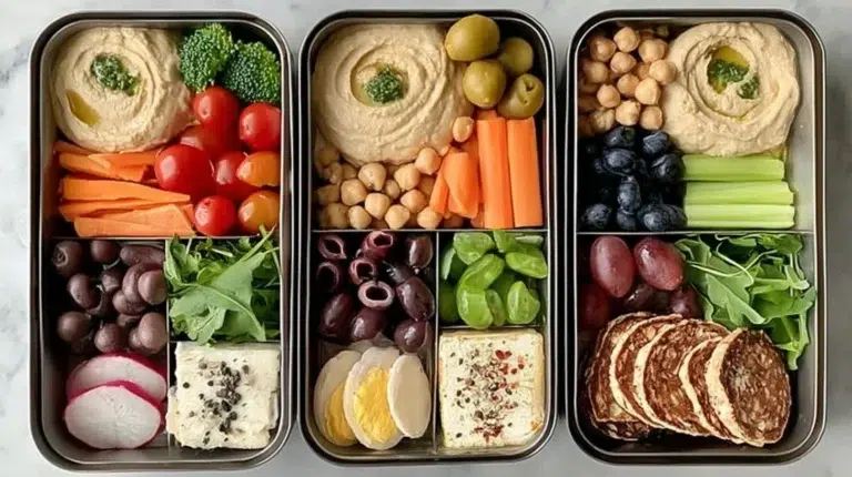 Healthy hummus lunch box filled with fresh veggies and pita bread
