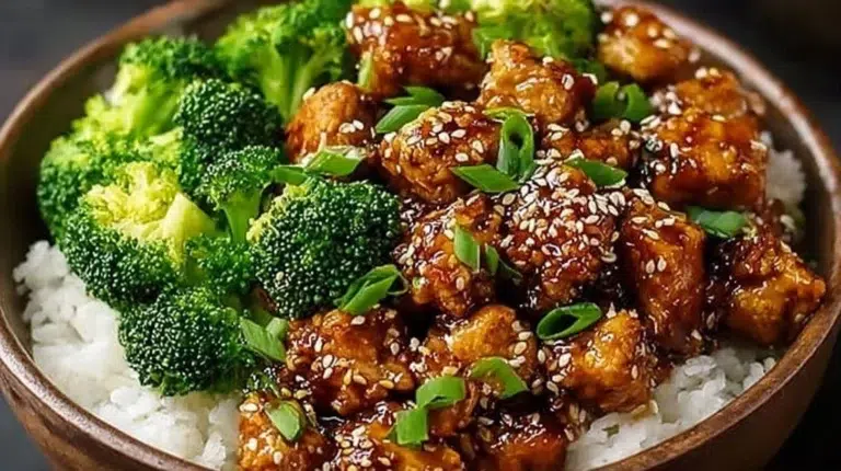 Healthy low-calorie sesame chicken dish with broccoli on a plate
