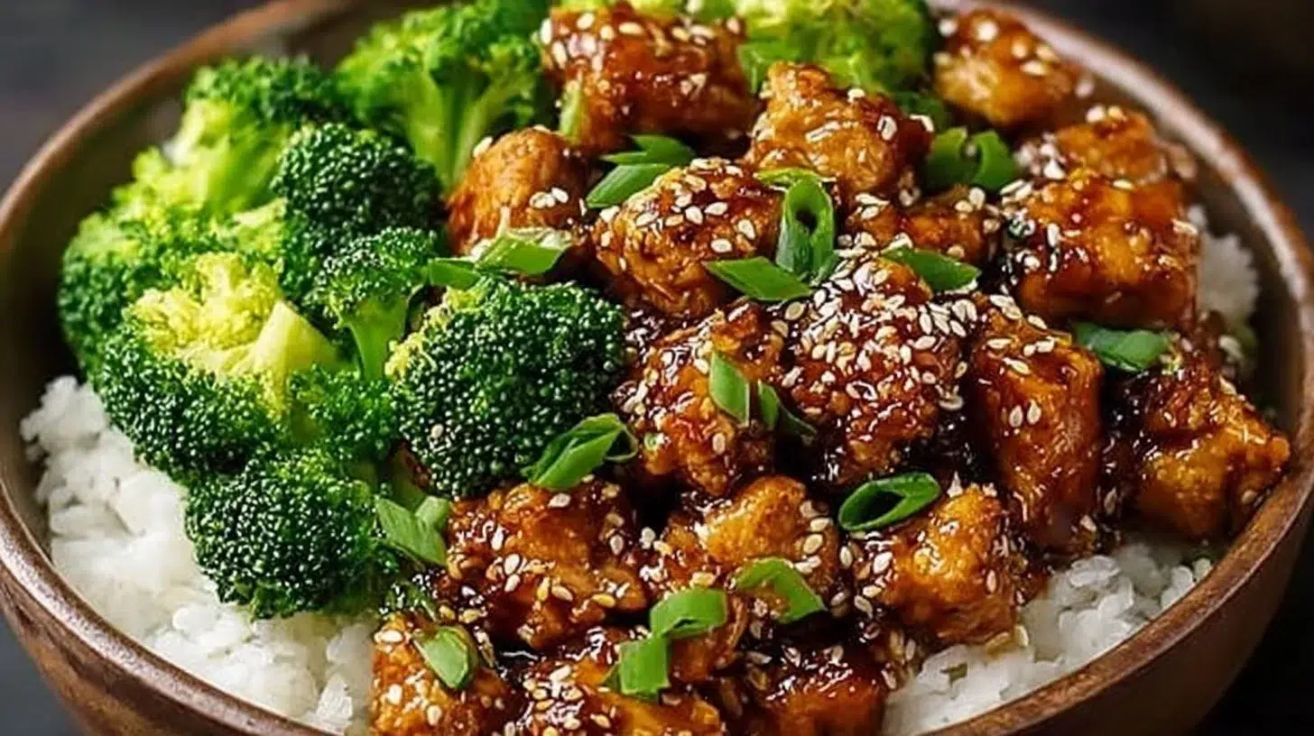 Healthy low-calorie sesame chicken dish with broccoli on a plate