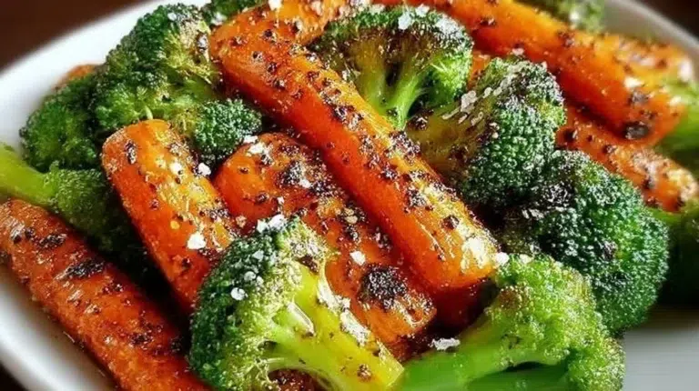Plate of herb-roasted broccoli and carrots with savory seasoning