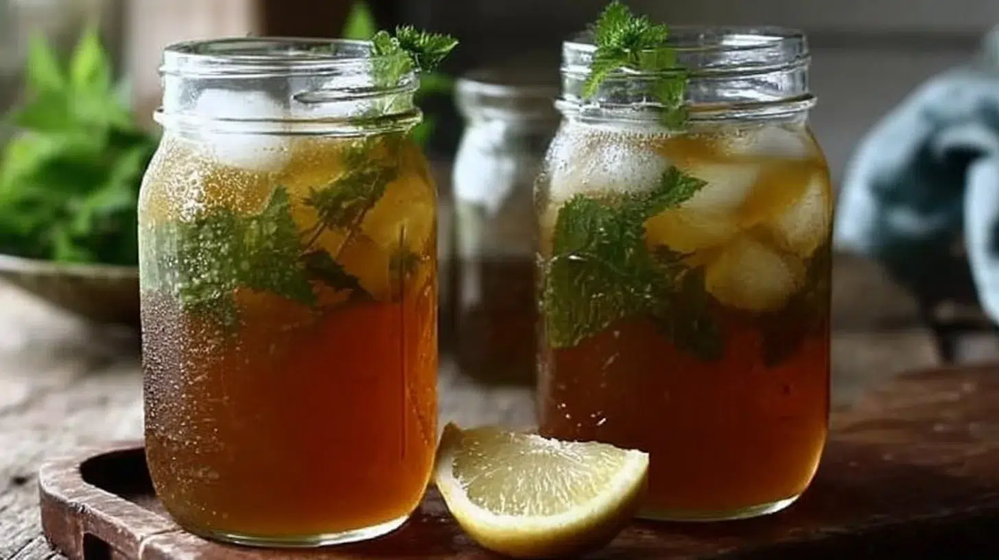 A refreshing glass of herbal nettle iced tea garnished with mint leaves.