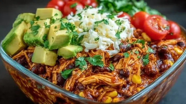High-protein chicken enchilada bowls with colorful toppings and ingredients