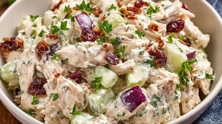 High protein chicken salad with fresh vegetables and creamy dressing