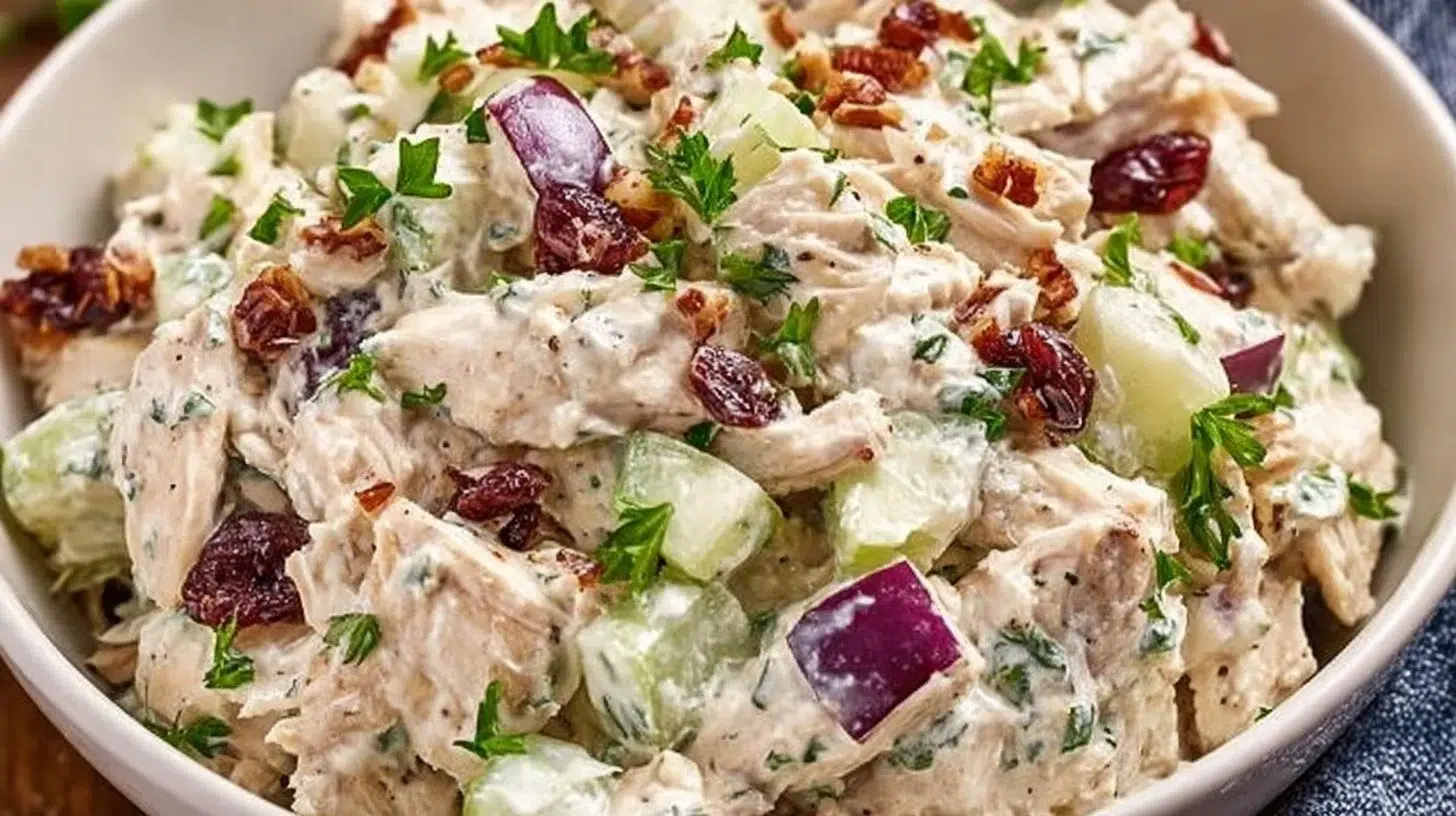 High protein chicken salad with fresh vegetables and creamy dressing
