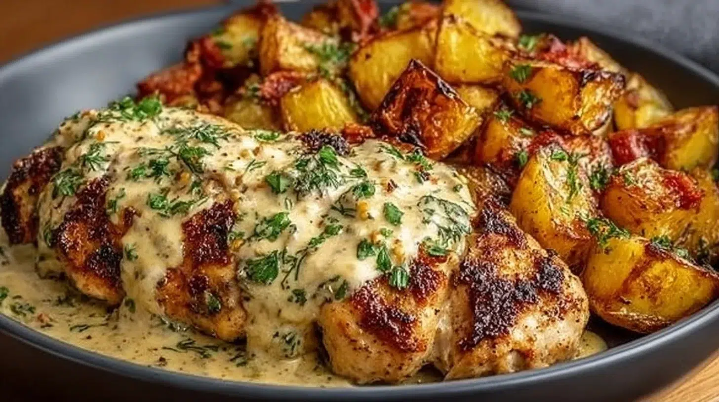 High protein creamy garlic chicken served with crispy potatoes