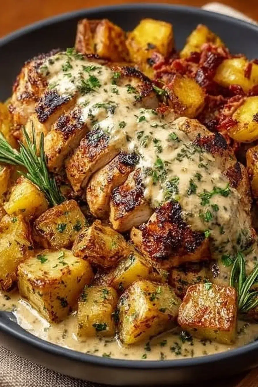 High Protein Creamy Garlic Chicken & Crispy Potatoes