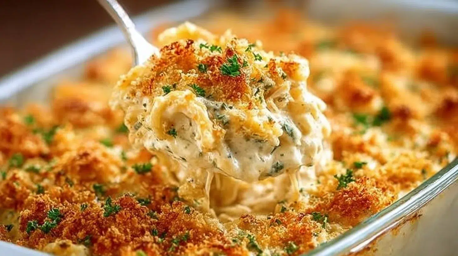 Homemade million dollar chicken casserole served in a dish