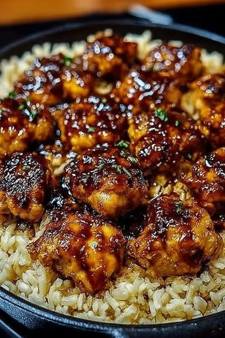 Delicious Honey BBQ Chicken served over rice in a one-pan meal