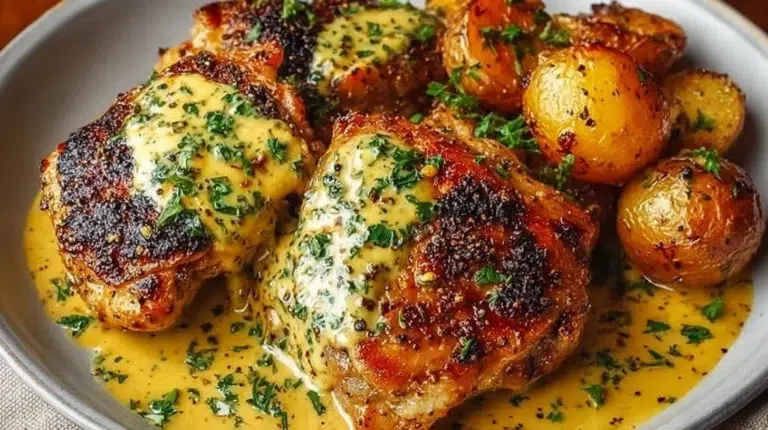 Honey Dijon Chicken thighs with a golden mustard glaze on a plate