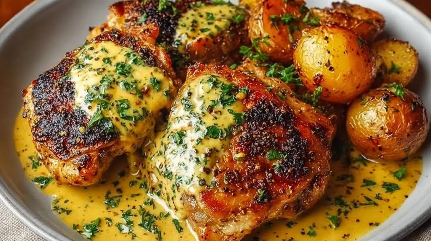 Honey Dijon Chicken thighs with a golden mustard glaze on a plate