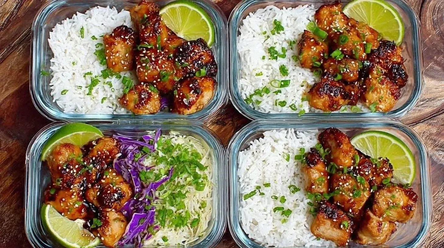 Honey Garlic Chicken served in a bowl with rice and vegetables