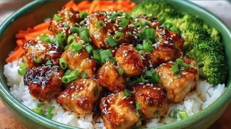 Delicious Honey Garlic Chicken served in a rice bowl with colorful vegetables