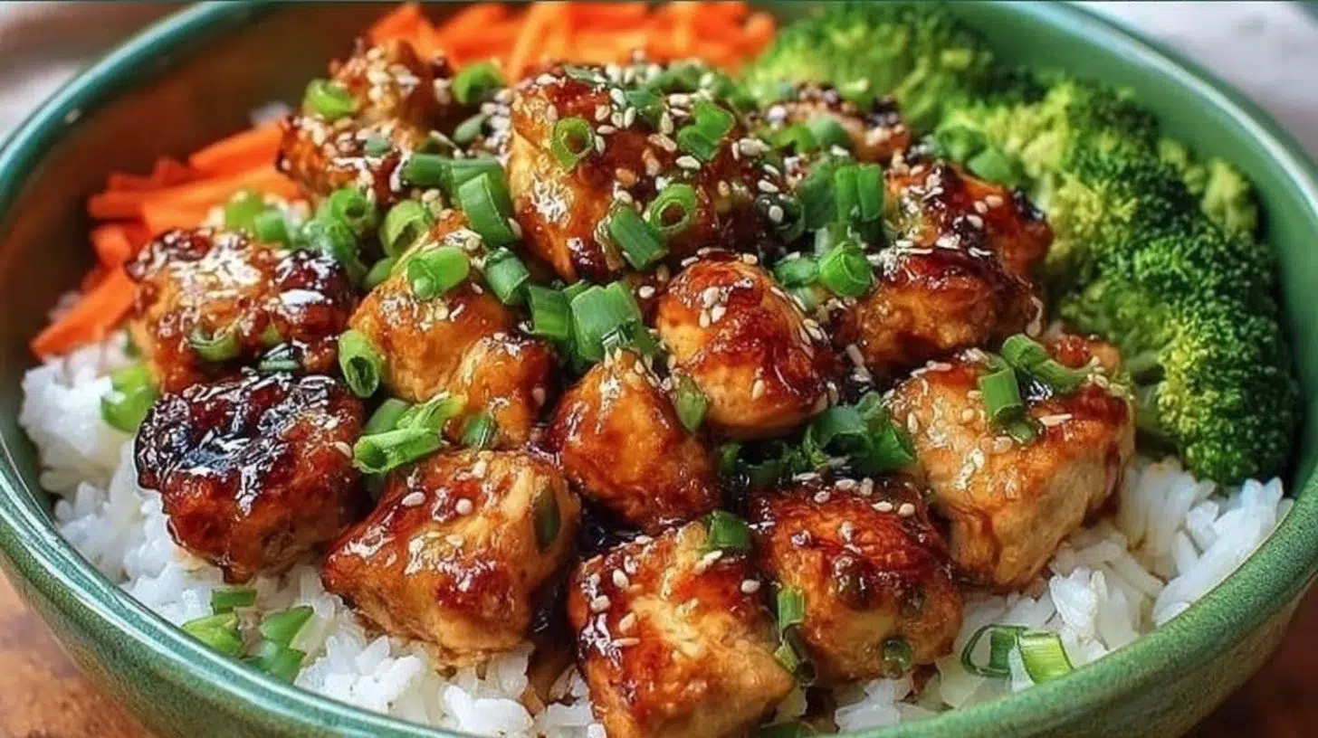 Delicious Honey Garlic Chicken served in a rice bowl with colorful vegetables