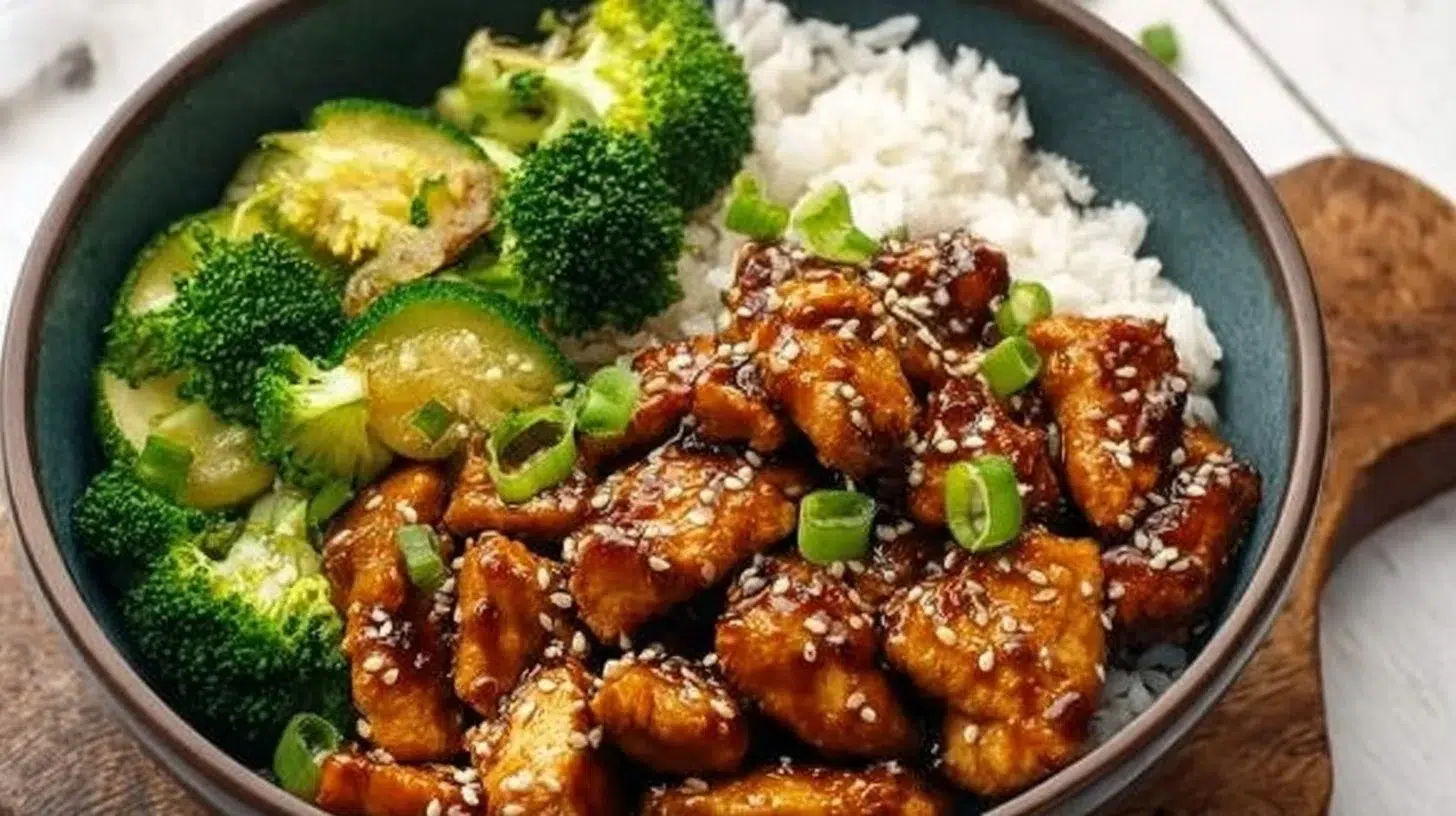 Honey Garlic Chicken Rice Bowls with fresh vegetables and rice