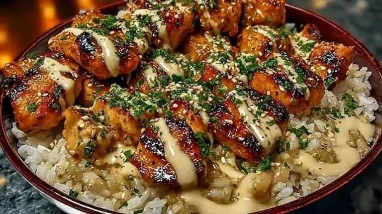 Honey Sriracha Chicken rice bowls topped with creamy lime sauce