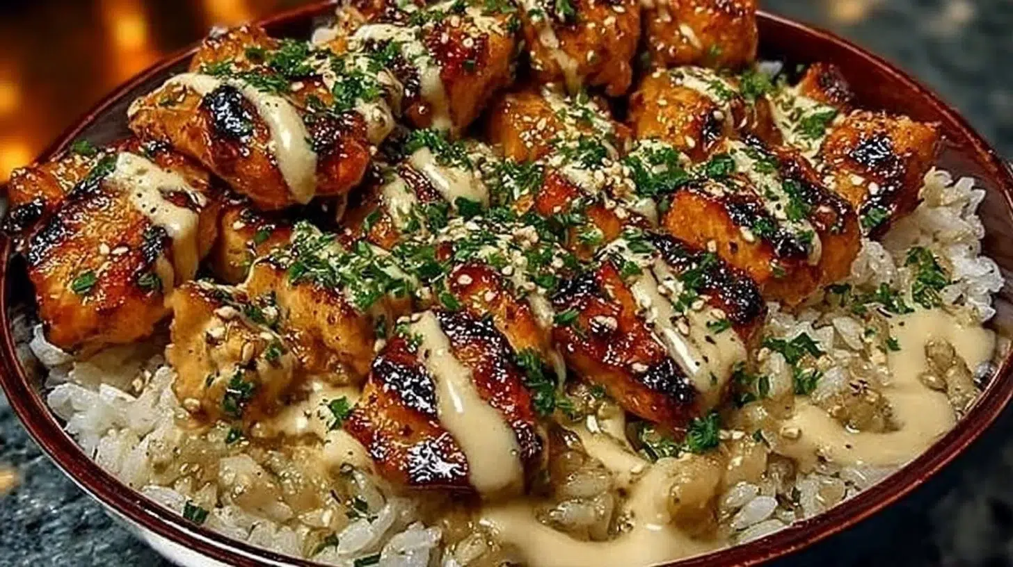 Honey Sriracha Chicken rice bowls topped with creamy lime sauce