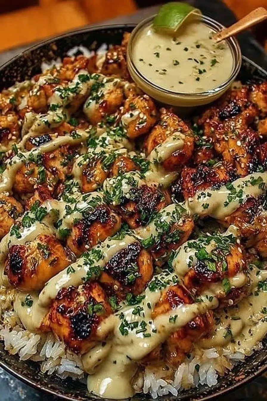 Honey Sriracha Chicken Rice Bowls with Creamy Lime Sauce
