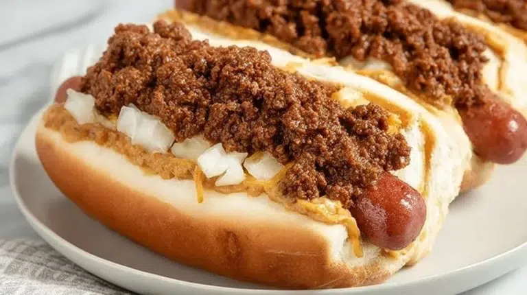 Delicious hot dog chili served over grilled hot dogs in a bun.
