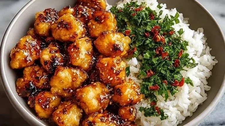 Delicious Hot Honey Chicken Bowl topped with fresh vegetables and sauce