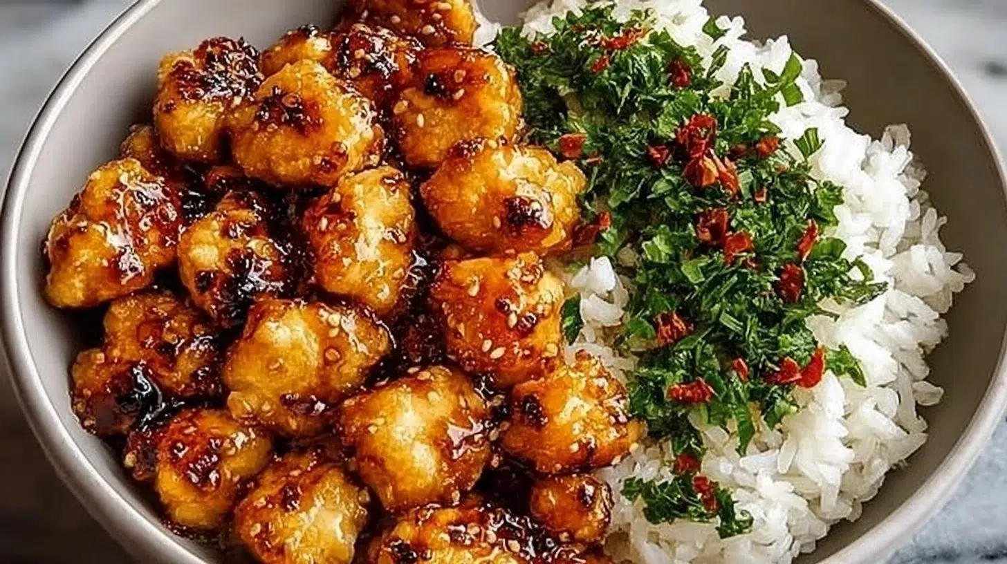 Delicious Hot Honey Chicken Bowl topped with fresh vegetables and sauce
