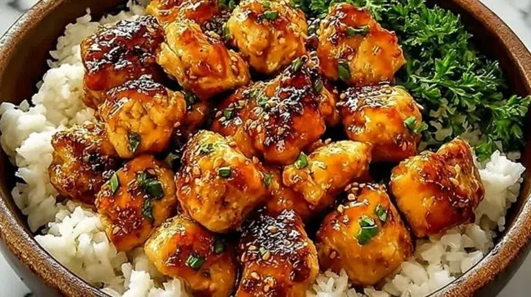 Delicious Hot Honey Chicken Bowl garnished with green onions