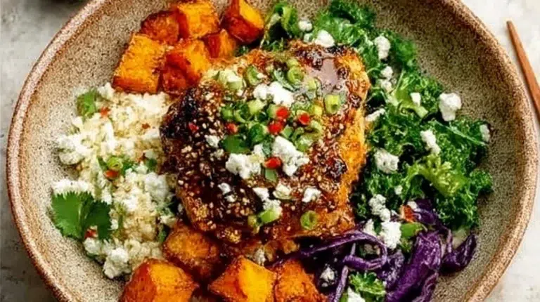 Delicious Hot Honey Chicken Bowls with spicy glaze over rice and vegetables