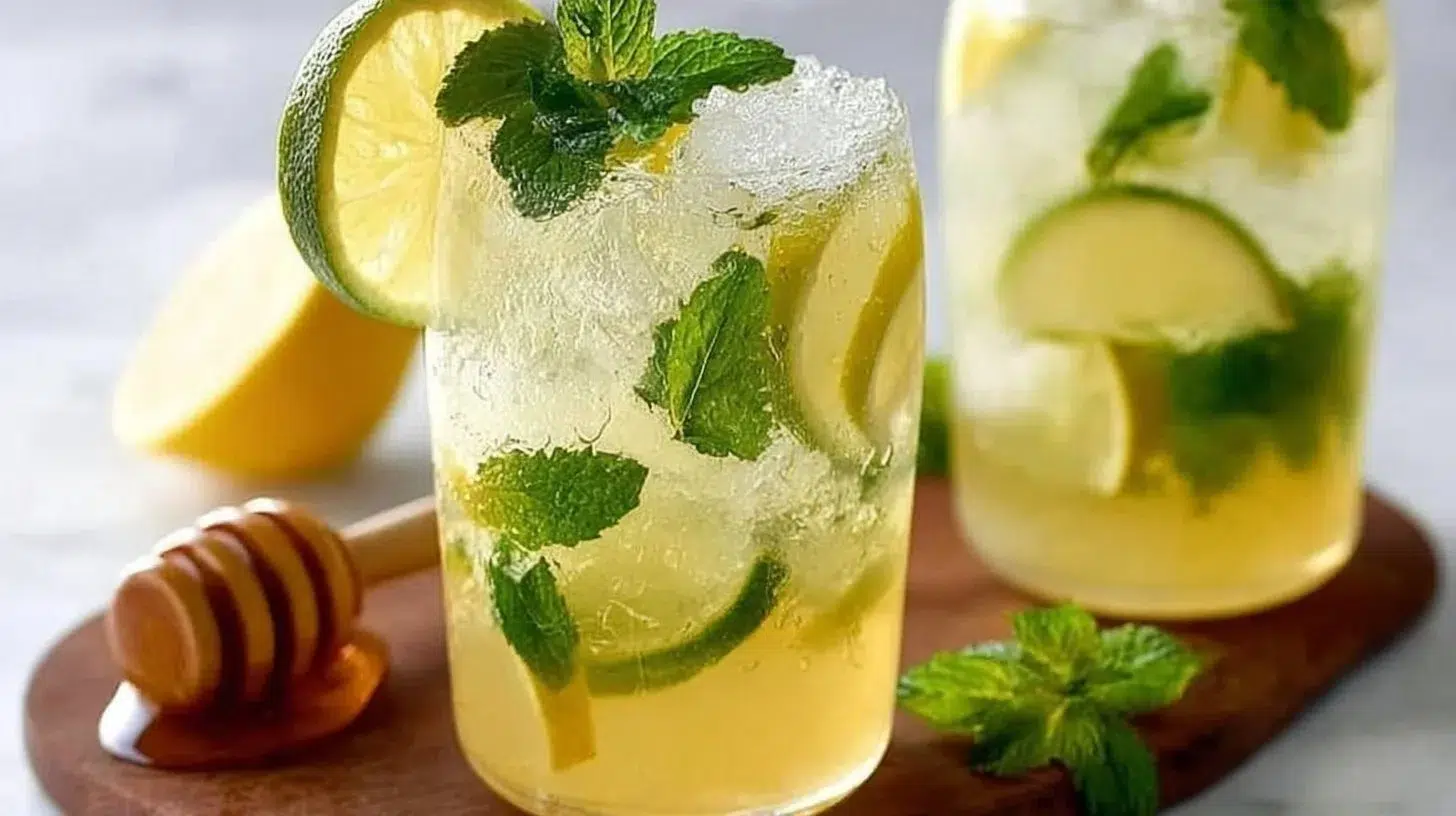 Iced green tea with lemon, lime, and fresh mint served in a glass