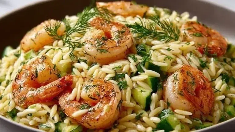Delicious orzo salad with shrimp featuring vibrant vegetables and herbs