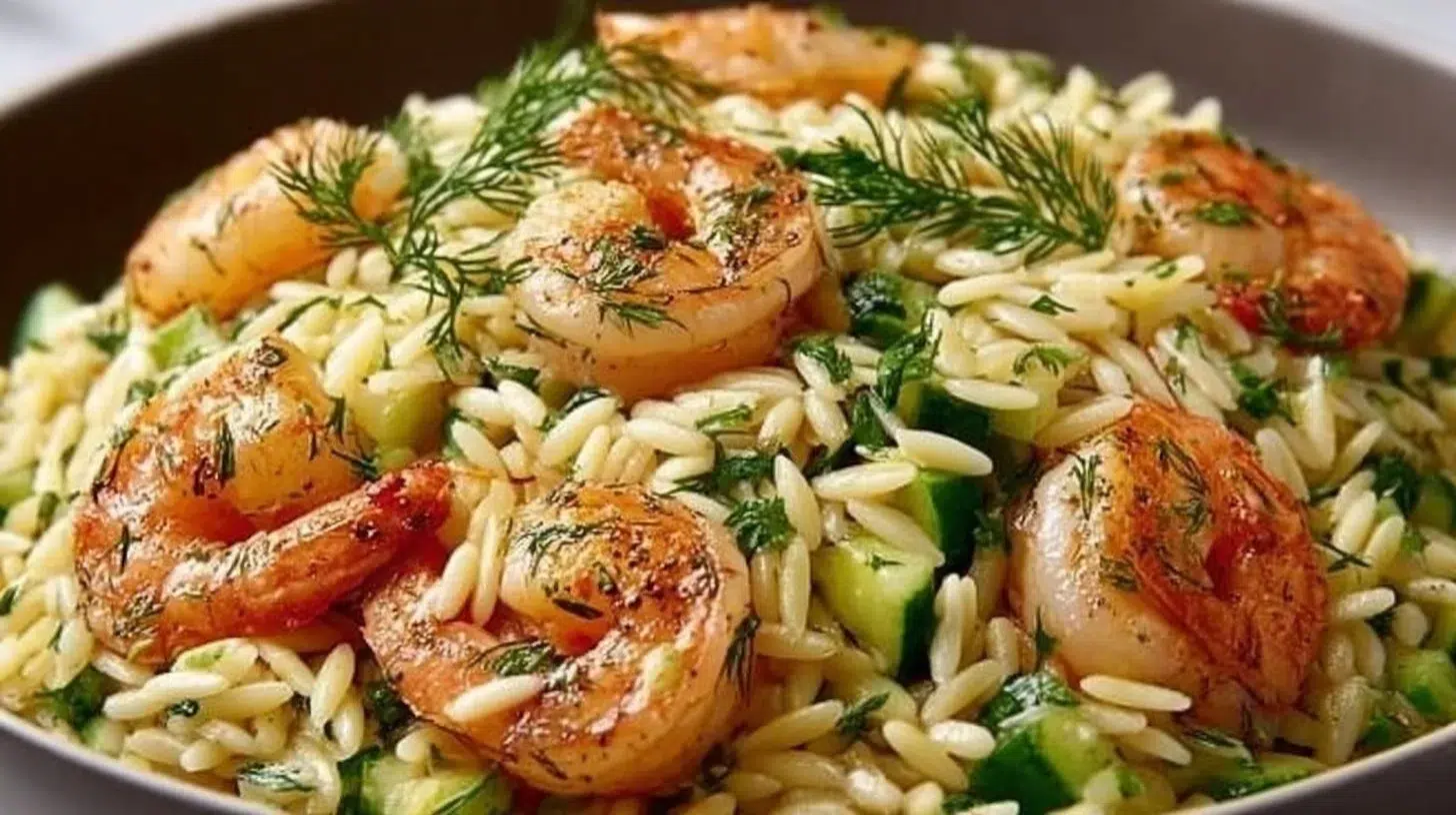 Delicious orzo salad with shrimp featuring vibrant vegetables and herbs