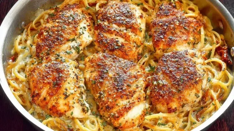 Italian chicken pasta served in creamy white wine Parmesan cheese sauce