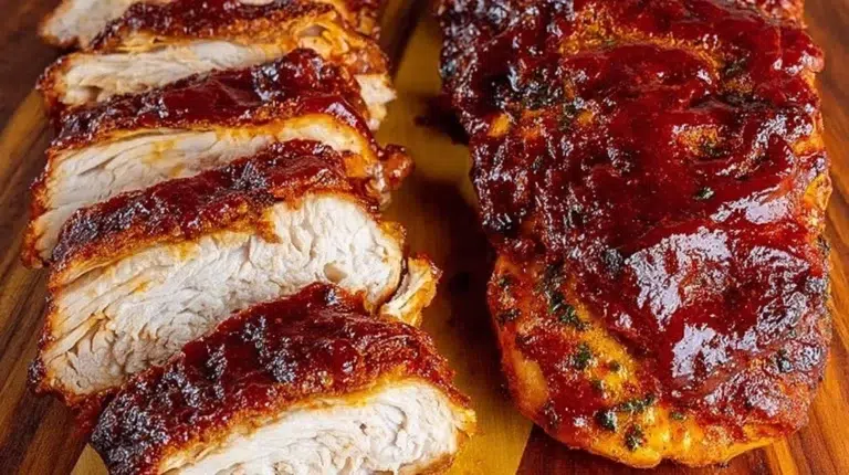 Juicy barbecue chicken baked in the oven served on a plate with sides.