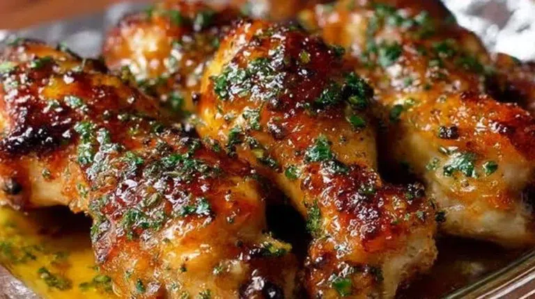 Juicy Honey Garlic Baked Chicken Drumsticks served on a plate with garnish