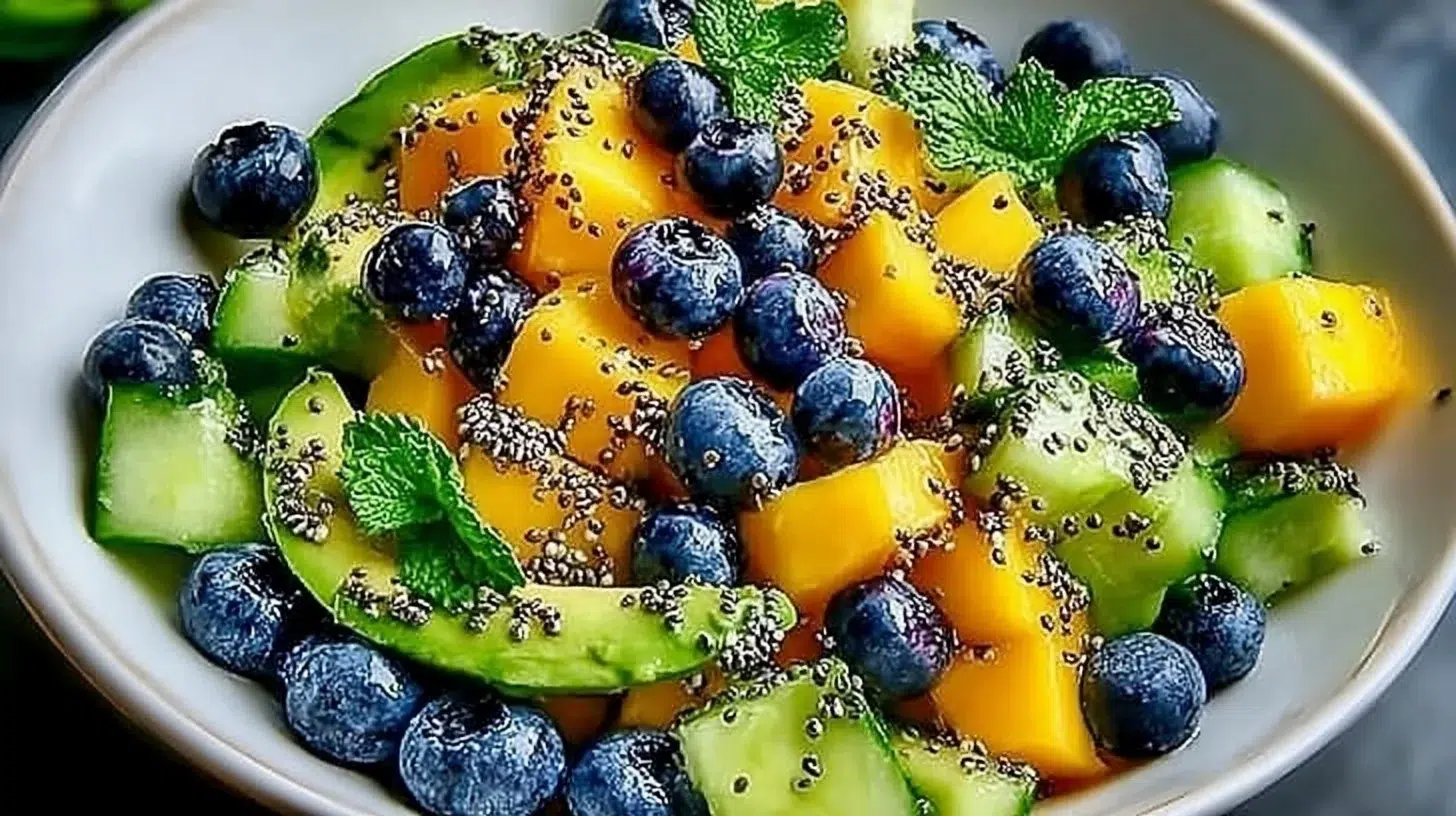 Juicy mango cucumber salad with blueberries and avocado in a bowl.