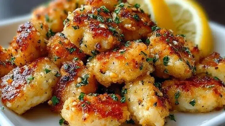 Lemon Garlic Chicken Bites served on a plate with fresh herbs