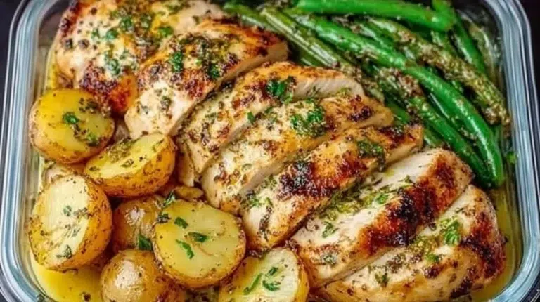 Lemon garlic chicken meal prep with vegetables in containers for healthy eating