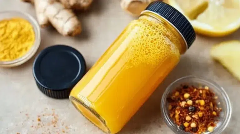 Lemon, Ginger, and Turmeric immune boosting shots in a glass.