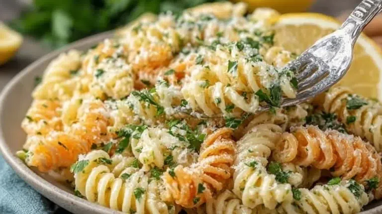 Lemon-Parmesan creamy pasta salad with fresh herbs garnished in a bowl