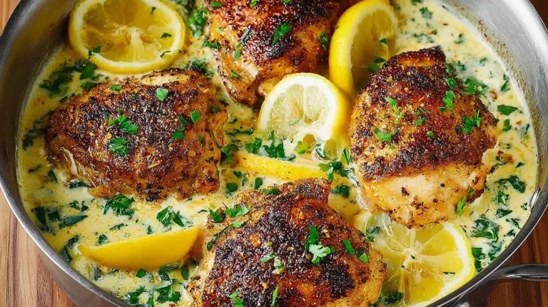 Plate of Lemon Pepper Chicken drizzled with creamy garlic-lemon sauce