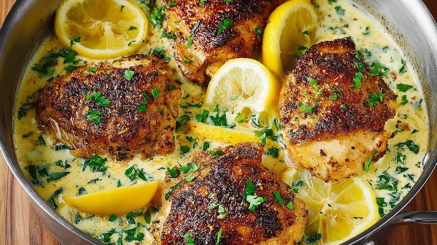 Plate of Lemon Pepper Chicken drizzled with creamy garlic-lemon sauce