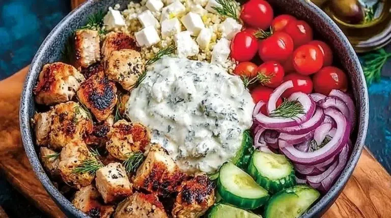 Keto Greek chicken bowls with fresh vegetables and low-carb ingredients