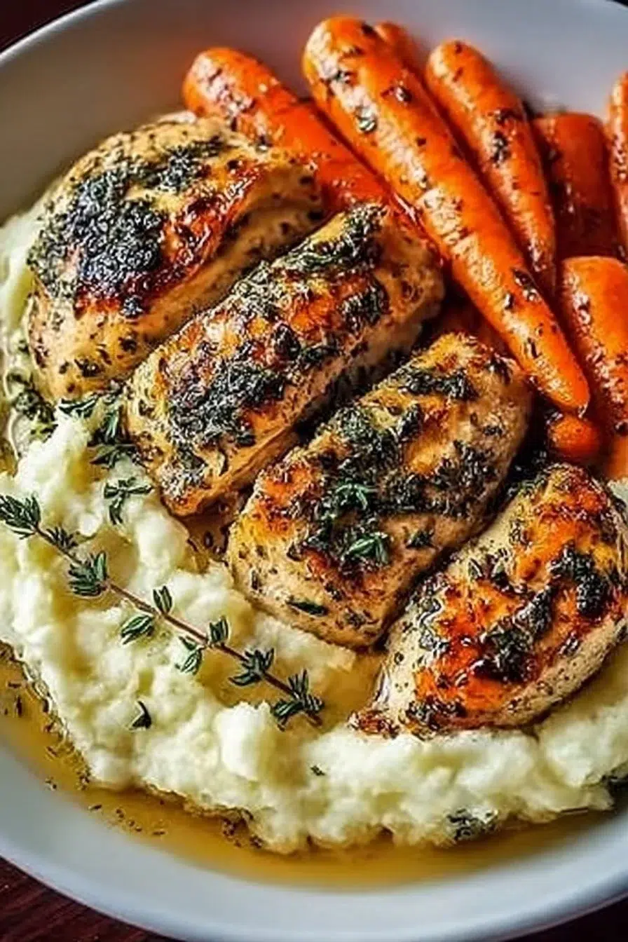 Delicious Garlic Herb Chicken served with mashed potatoes and glazed carrots
