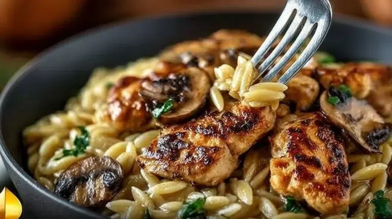 Delicious Marsala Chicken Orzo with tender chicken and rich sauce