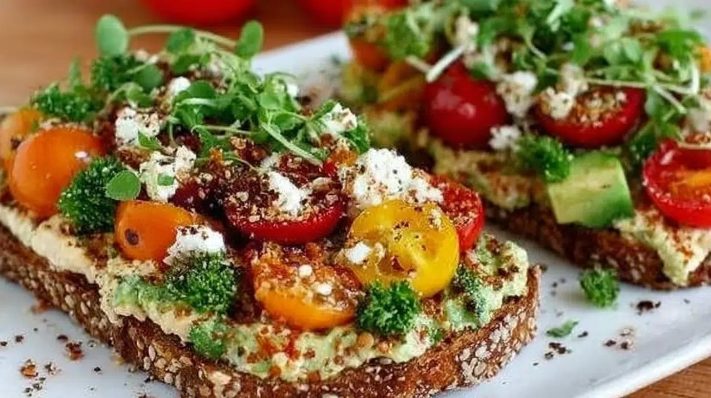 Delicious Mediterranean breakfast toast topped with fresh ingredients.