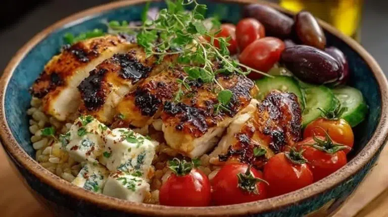 Mediterranean Chicken Bowl with fresh vegetables and flavorful herbs