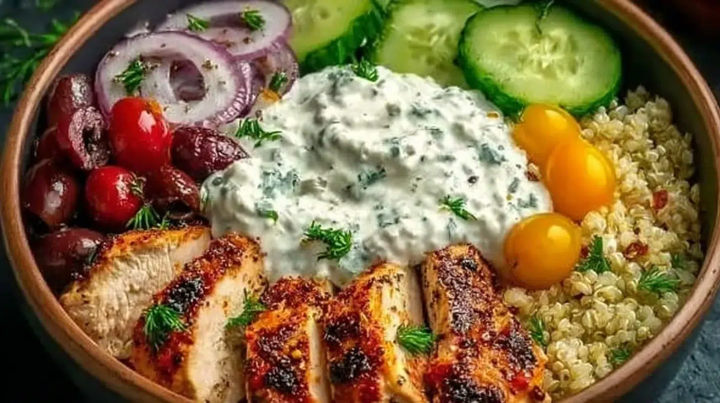 Mediterranean Chicken Bowl filled with fresh vegetables and vibrant flavors