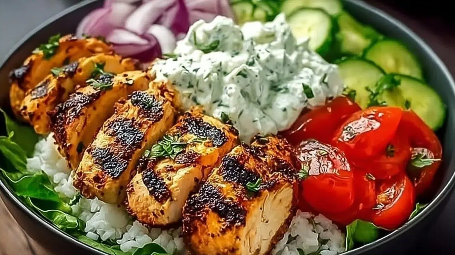 Delicious Mediterranean Chicken Bowl topped with fresh veggies and herbs