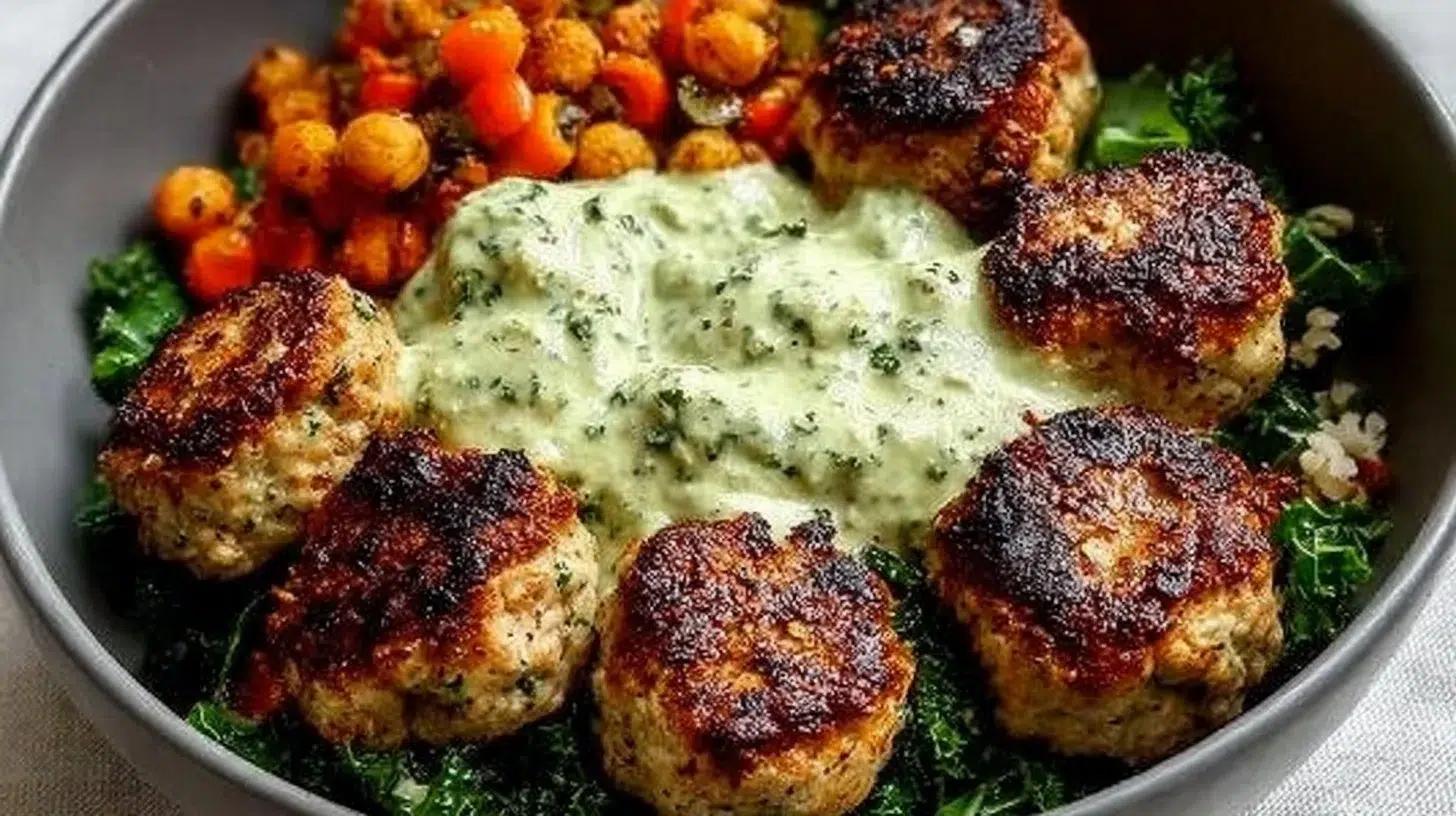 Mediterranean Chicken Meatball Bowl with fresh vegetables and herbs