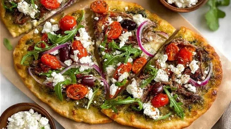 Homemade Mediterranean flatbread pizza topped with fresh ingredients and herbs