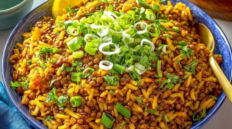 Mediterranean lentils and rice bowl served in a vibrant dish