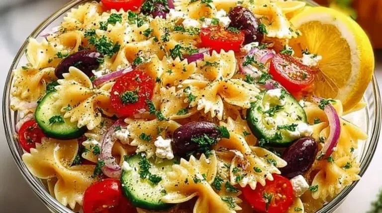 Colorful Mediterranean Pasta Salad with vegetables and dressing served in a bowl